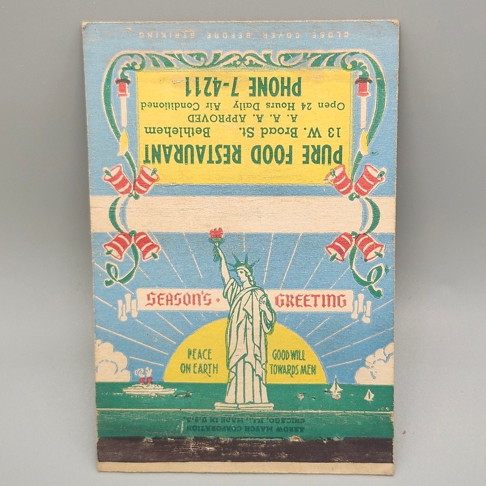 Bethlehem PA Pure Food Restaurant Seasons Greeting Matchbook Card